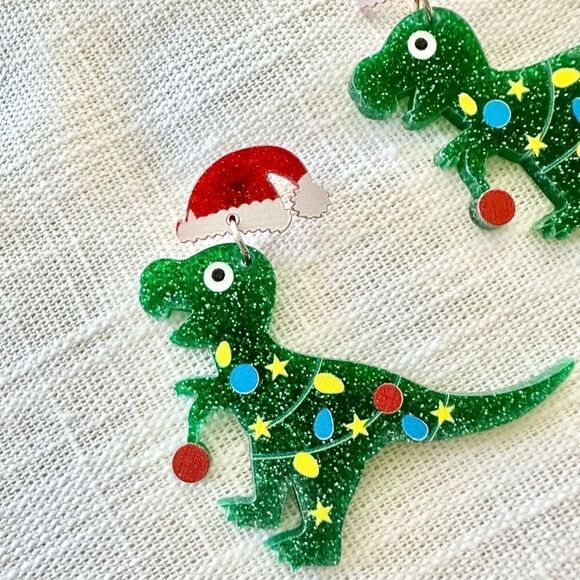 Dinosaur Christmas earrings - light weight ￼ - Picture 3 of 4